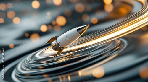 A sleek, white rocket with golden accents is depicted soaring through a futuristic, swirling light trail again
