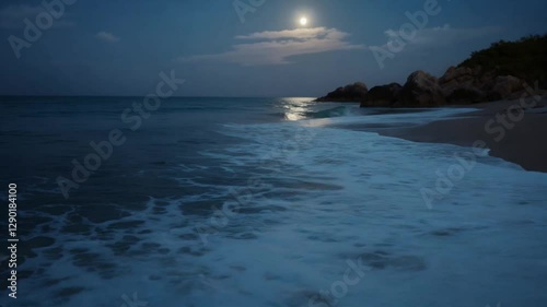 Moonlit beach with gentle waves at night.