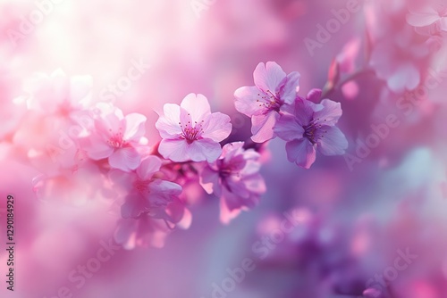 neon cherry blossoms glow in a misty pink ring, petals drift in a soft lilac haze, blending fantasy with delicate springtime charm.
