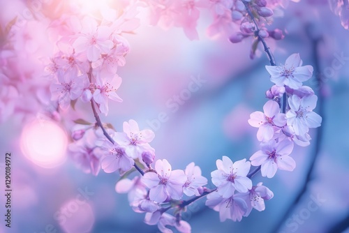 neon cherry blossoms glow in a misty pink ring, petals drift in a soft lilac haze, blending fantasy with delicate springtime charm.