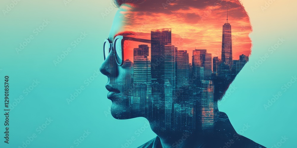 Fototapeta premium A person with a cityscape inside their mindscape