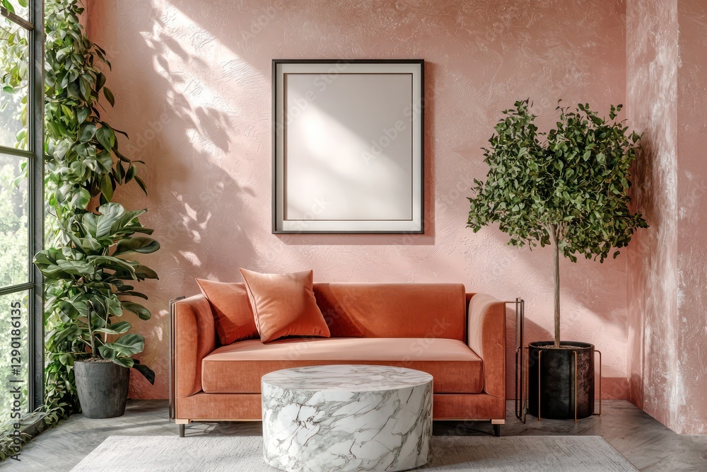 Obraz premium Modern soft pink room includes a marble stand against a geometric backdrop.