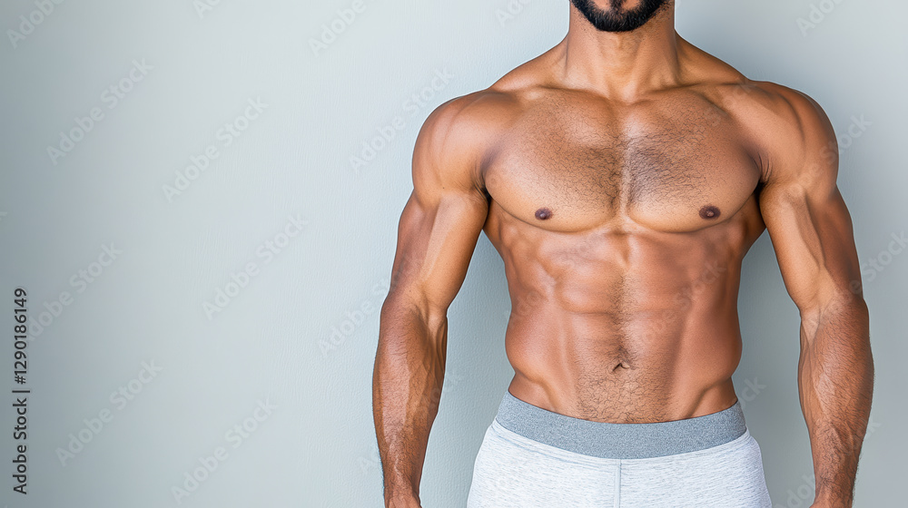 Fototapeta premium Fit man with muscular physique showcasing body transformation and strength