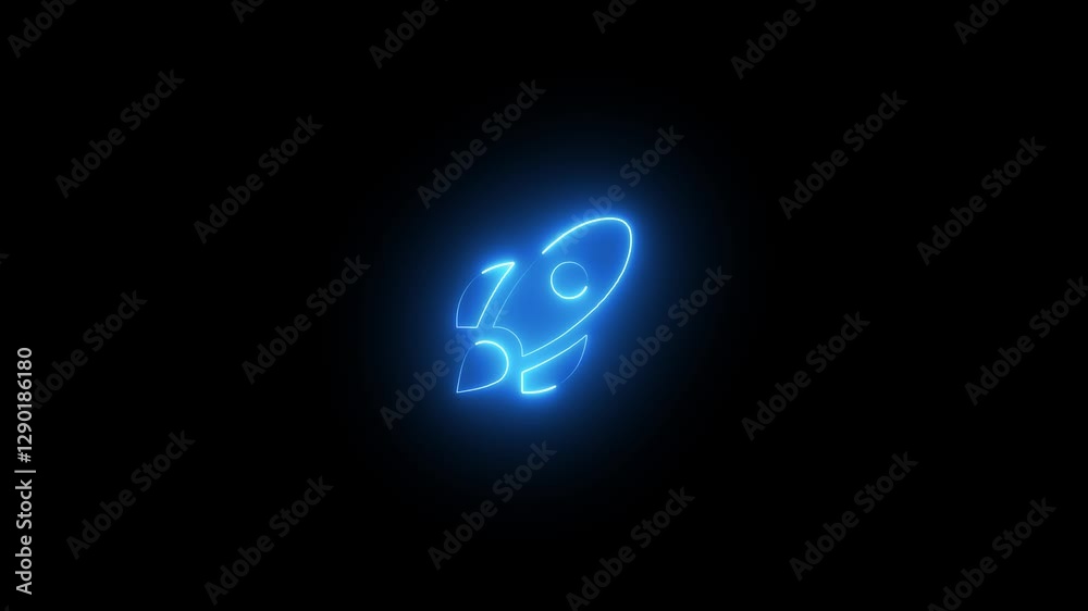 glowing neon simple rocket icon animation video on black background.