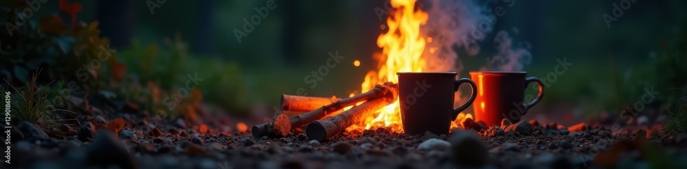 Campfire glows, shadows dance on faces, mugs steam , chilly, campfire, flames Campfire glows, shadows dance on faces, mugs steam , chilly, campfire, flames