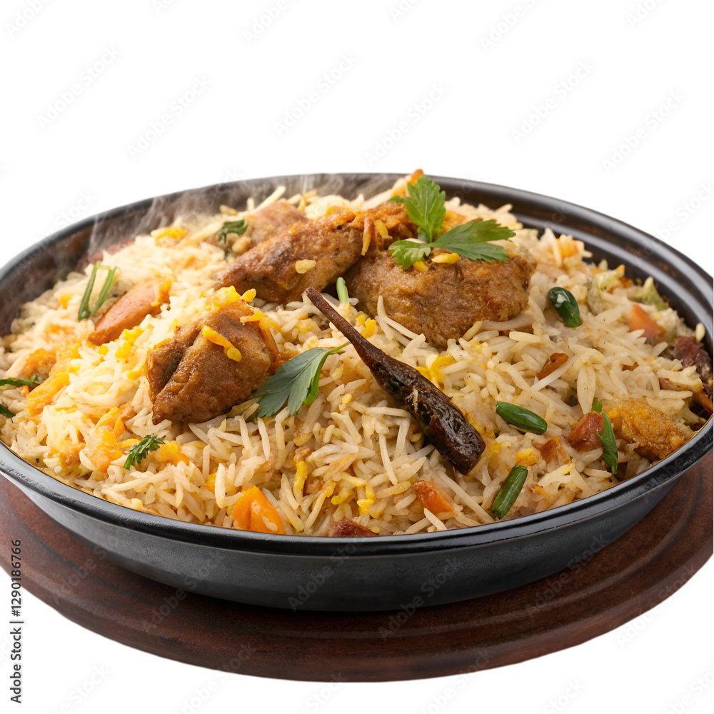 Traditional spicy chicken biryani on white background Traditional spicy chicken biryani on white background