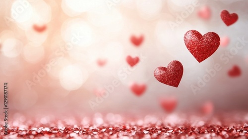 Festive heart confetti celebration romantic setting digital art soft pink and red colors aerial view love theme