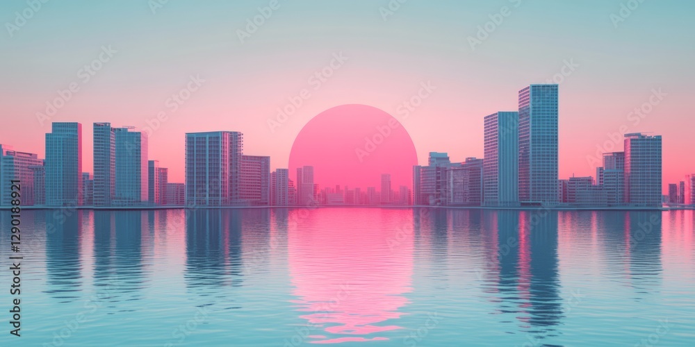 Fototapeta premium City skyline at sunset reflected in calm turquoise water