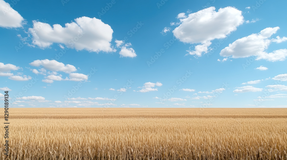 Golden wheat field under bright blue sky with fluffy clouds Golden wheat field under bright blue sky with fluffy clouds