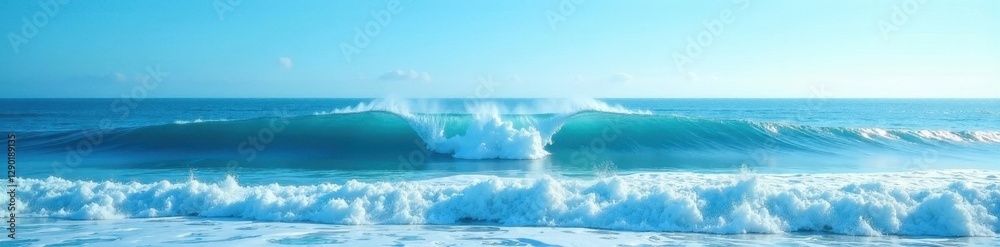 Rolling waves meet clear blue sky in wide seascape , texture, sunlight, scenic Rolling waves meet clear blue sky in wide seascape , texture, sunlight, scenic