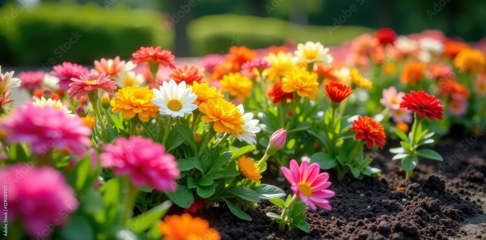 Rows of colorful flowers neatly planted in a well-maintained garden bed, flowerbed, design Rows of colorful flowers neatly planted in a well-maintained garden bed, flowerbed, design