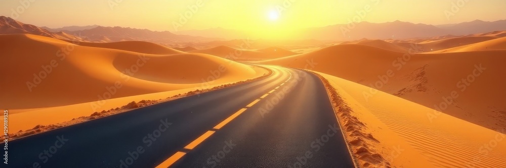 Fototapeta premium Sun-baked asphalt ribbon cuts through endless sand dunes , highway, wild, space