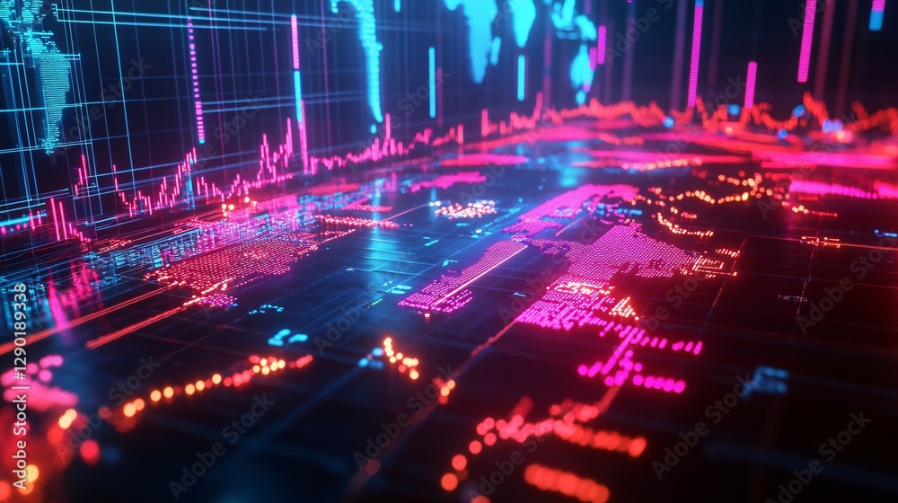 Obraz premium Global Network Data Visualization Abstract World Map with Financial Market Charts and Data Streams