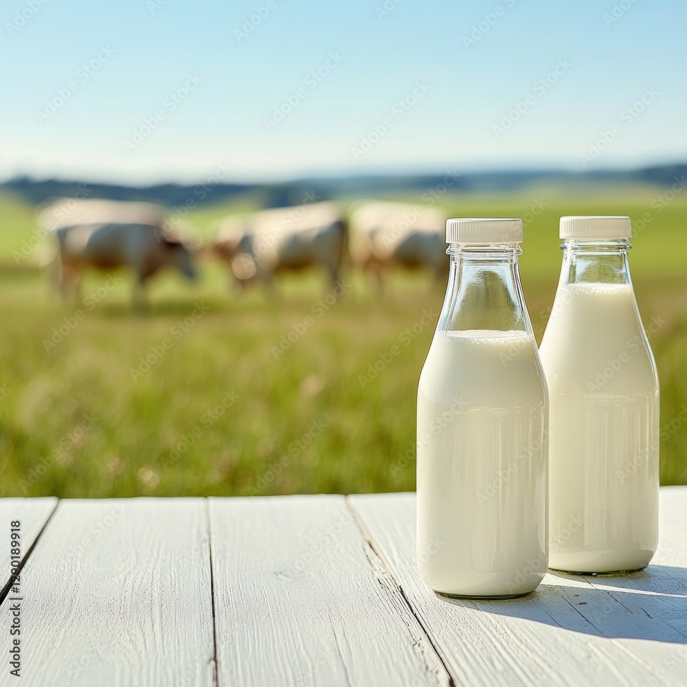 Fresh milk bottles on a table, cows grazing in a pasture Fresh milk bottles on a table, cows grazing in a pasture