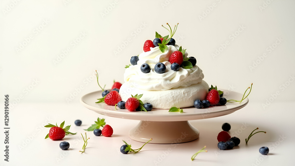 A Majestic Pavlova Dessert Adorned with a Fluffy Snow-White Meringue and Fresh Vibrant Berries A Majestic Pavlova Dessert Adorned with a Fluffy Snow-White Meringue and Fresh Vibrant Berries