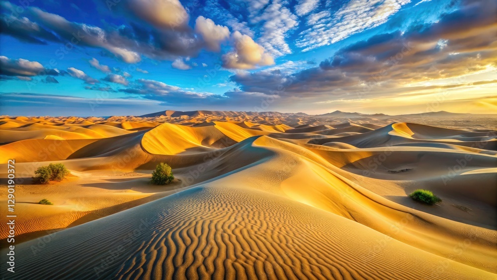 Naklejka premium Aerial Desert Landscape with Soft Sand Dunes and Clear Sky, Ideal for Nature and Travel Themes, Perfect Copy Space for Text, Stunning Horizontal Pale Illustration