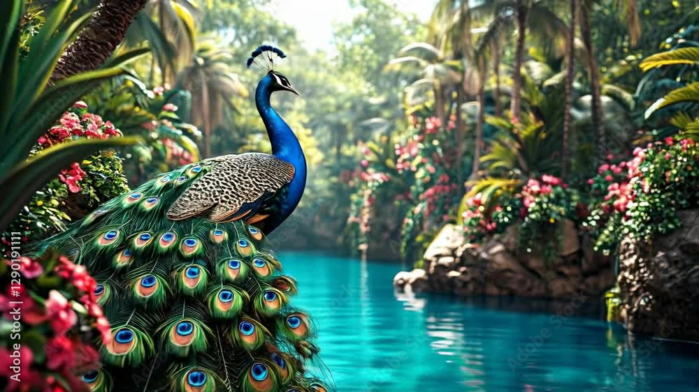 A peacock sits on the bank of a bright blue river surrounded by dense tropical vegetation.