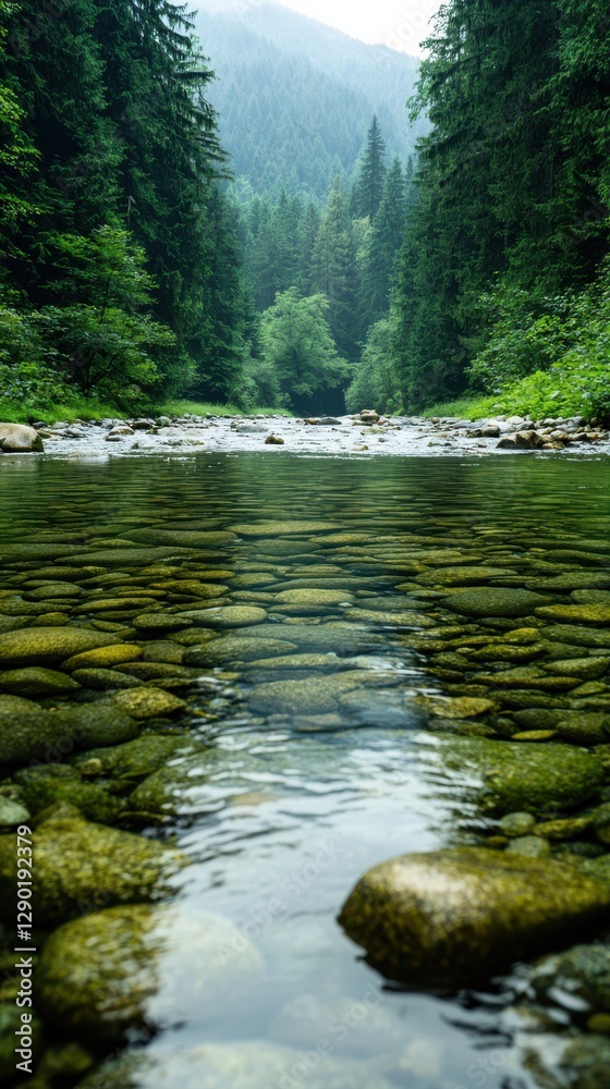 Fototapeta premium Tranquil river flowing through forested mountains nature serene environment low angle view