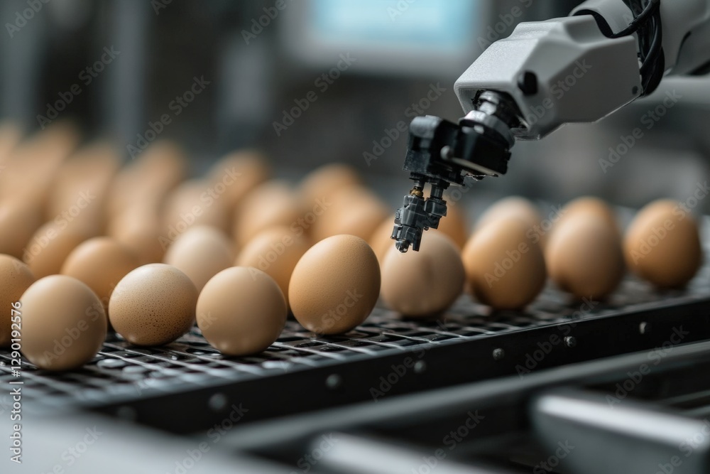 Automated robotic arm efficiently handles eggs on a production line, optimizing modern agriculture and streamlining food processing automation.
