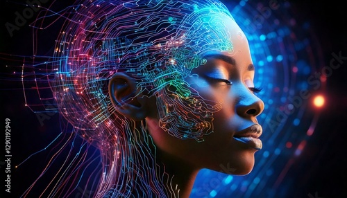 Neural Network Dreamscape – A surreal depiction of a human mind processing digital information while sleeping, merging artificial intelligence with human imagination