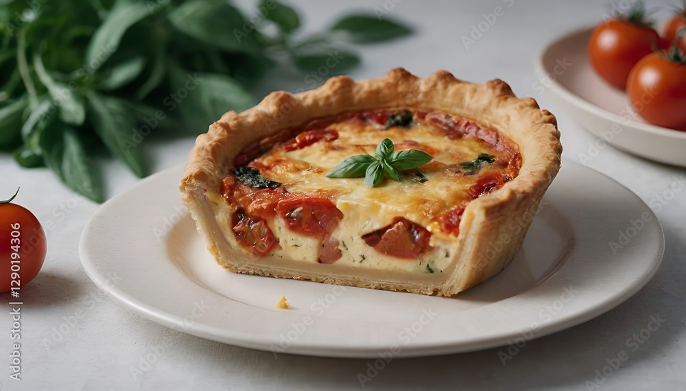 piece of a tomato and brie quiche on a plate piece of a tomato and brie quiche on a plate