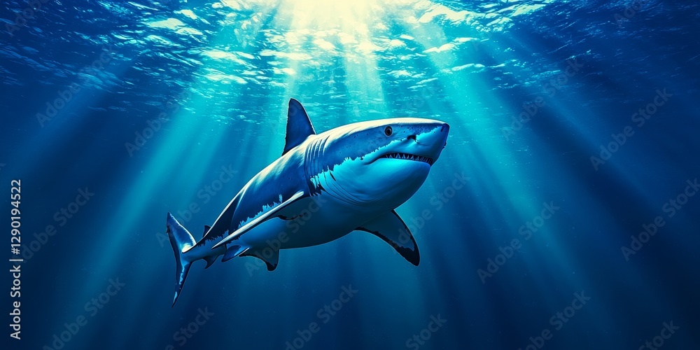 Obraz premium A shark swims gracefully in clear blue waters, illuminated by beams of sunlight filtering through the ocean surface.