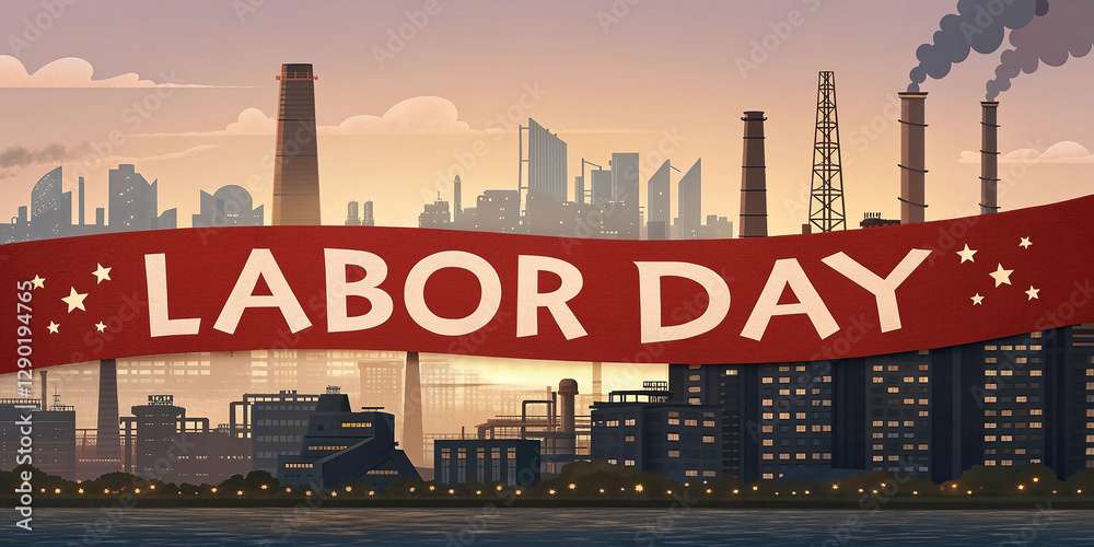 Labor Day ribbon banner with an industrial city skyline behind it Labor Day ribbon banner with an industrial city skyline behind it