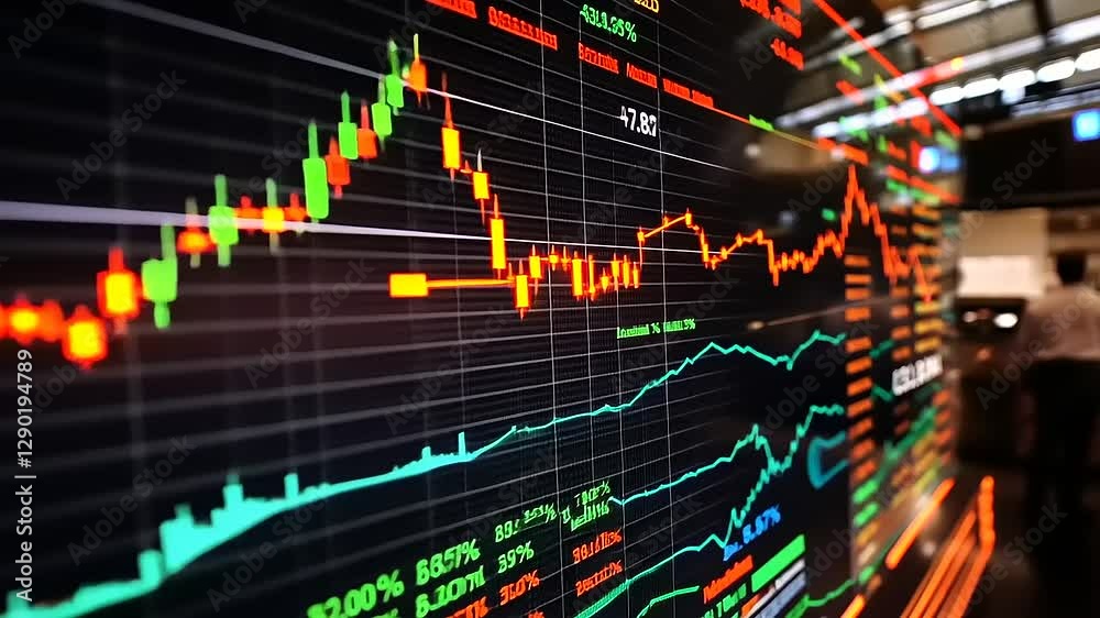 A digital stock market display showing fluctuating financial data and trends.