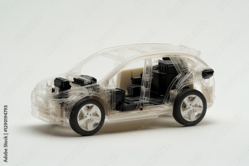 Explore advanced electric car design with this transparent model, showcasing innovative battery technology and sustainable automotive engineering.