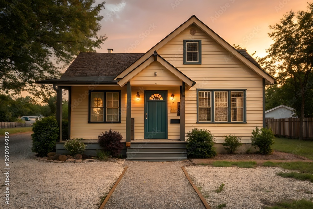 Charming Small Yellow House with Teal Door at Sunset in Quiet Neighborhood Charming Small Yellow House with Teal Door at Sunset in Quiet Neighborhood