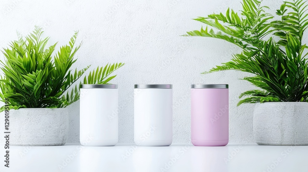 Three blank tumblers on white table with plants Three blank tumblers on white table with plants