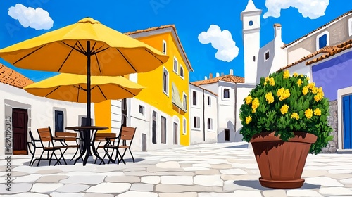 Pixel Art European Town Square Cafe Scene