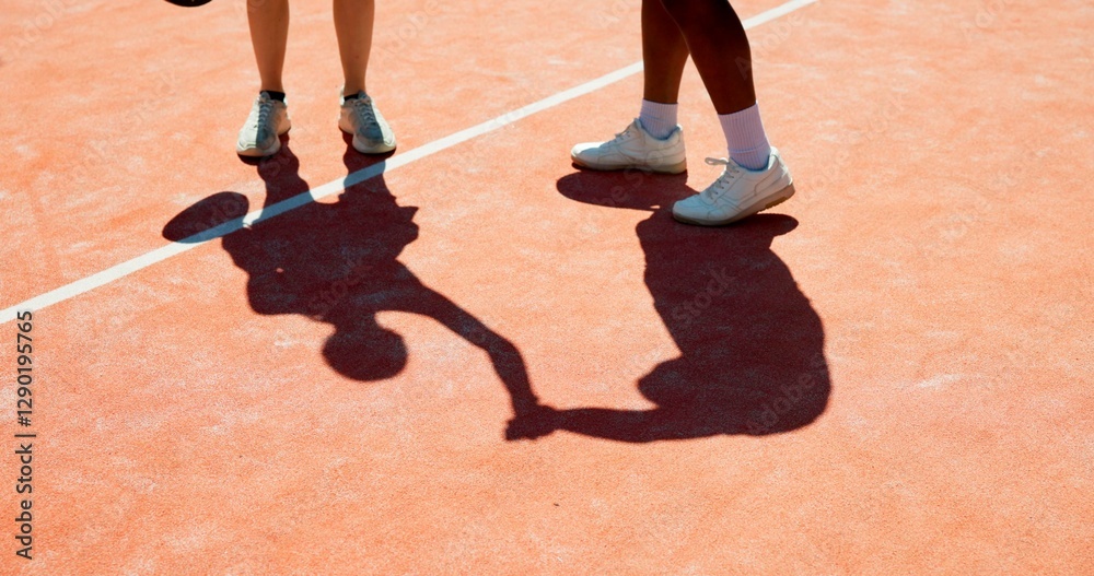 Fototapeta premium Tennis, people and shadow of feet on court for game success, high five or competition winner. Ground, sneakers or padel doubles with celebration for match support, sport challenge or team performance