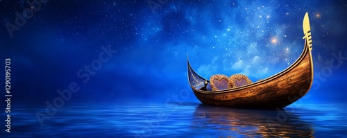 A serene boat floats on calm waters under a starry night sky, surrounded by a deep blue ambiance.