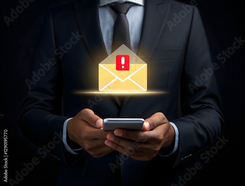 Businessman views an email notification with alert icon on his smartphone