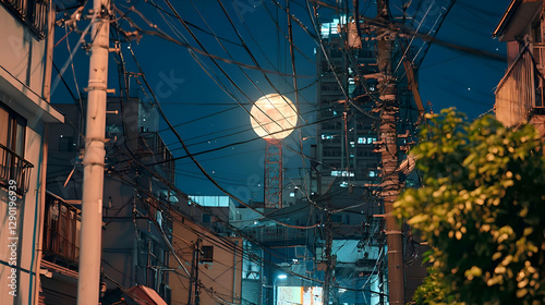 Full Moon Over Urban Japanese Street at Night