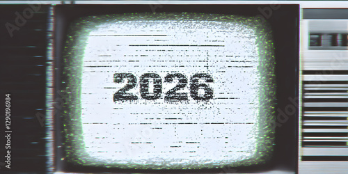 TV screen texture with glitch text 2026. HDTV no signal problems. Bad TV signal on TV screen Noise of motion background lines. Glitch VHS concept. Glitch camera effect. Video rewind texture
