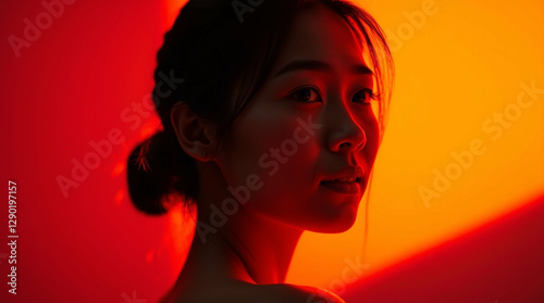 Serene portrait bathed in vibrant hues of fire and sunset radiance