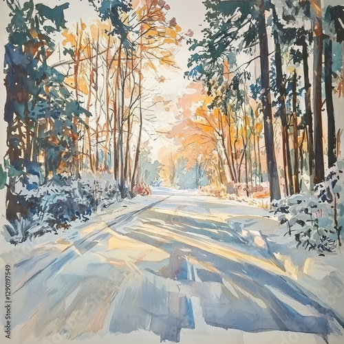 Snowy forest road, winter sunlight, tree shadows photo