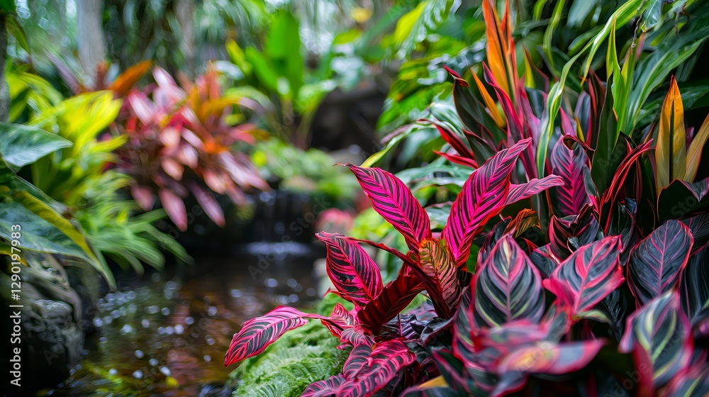 Serene Stream Flows Through Lush Garden with Red Flowers Serene Stream Flows Through Lush Garden with Red Flowers
