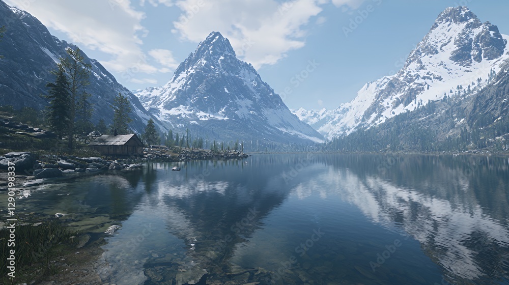 Fototapeta premium Majestic Mountain Lake Landscape with Waterfalls and Birds