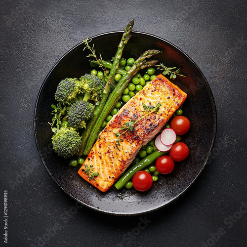 Grilled salmon with roasted vegetables and peas