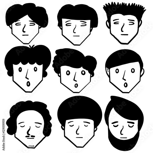 Cartoon Male Faces in various hairstyles  and Expressions  hand drawn with contour lines in black colors. Monochrome vector transparent background 