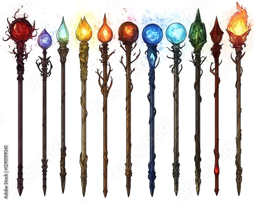 Colorful magical staffs collection fantasy photo