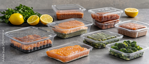 Assorted foods in clear plastic containers  Salmon, ground meat, green beans, and broccoli photo