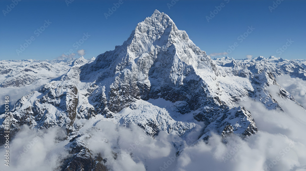 Obraz premium Majestic snow-capped peak above clouds, scenic alpine landscape, travel poster