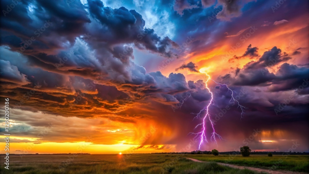 Fototapeta premium Dramatic Storm Clouds with Lightning Striking at Sunset in Nature