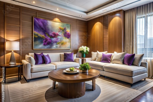 living room interior, Luxurious Modern Living Room with Purple Accents