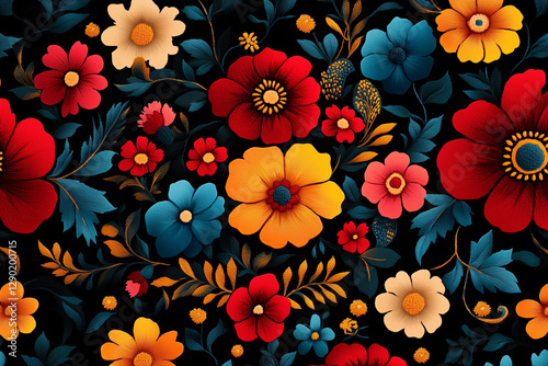 Colorful floral embroidery pattern blooming on dark background photo