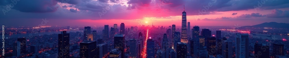 Fototapeta premium Cityscape panorama, twilight hues, skyscrapers, night, blue hour, sunset